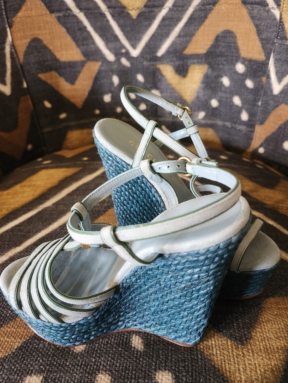 Sale✨ GUCCI Rare Vtg Y2K Teal Raffia Espadrille Platform Wedges 34.5 Near Mint - Picture 4 of 9
